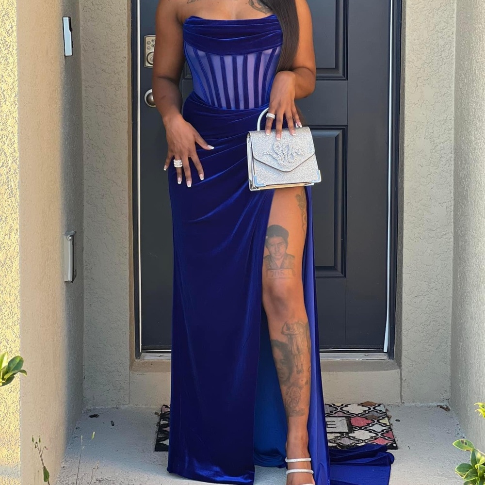 Miss circle Priya Royal Blue Draping Corset High Slit Velvet Gown